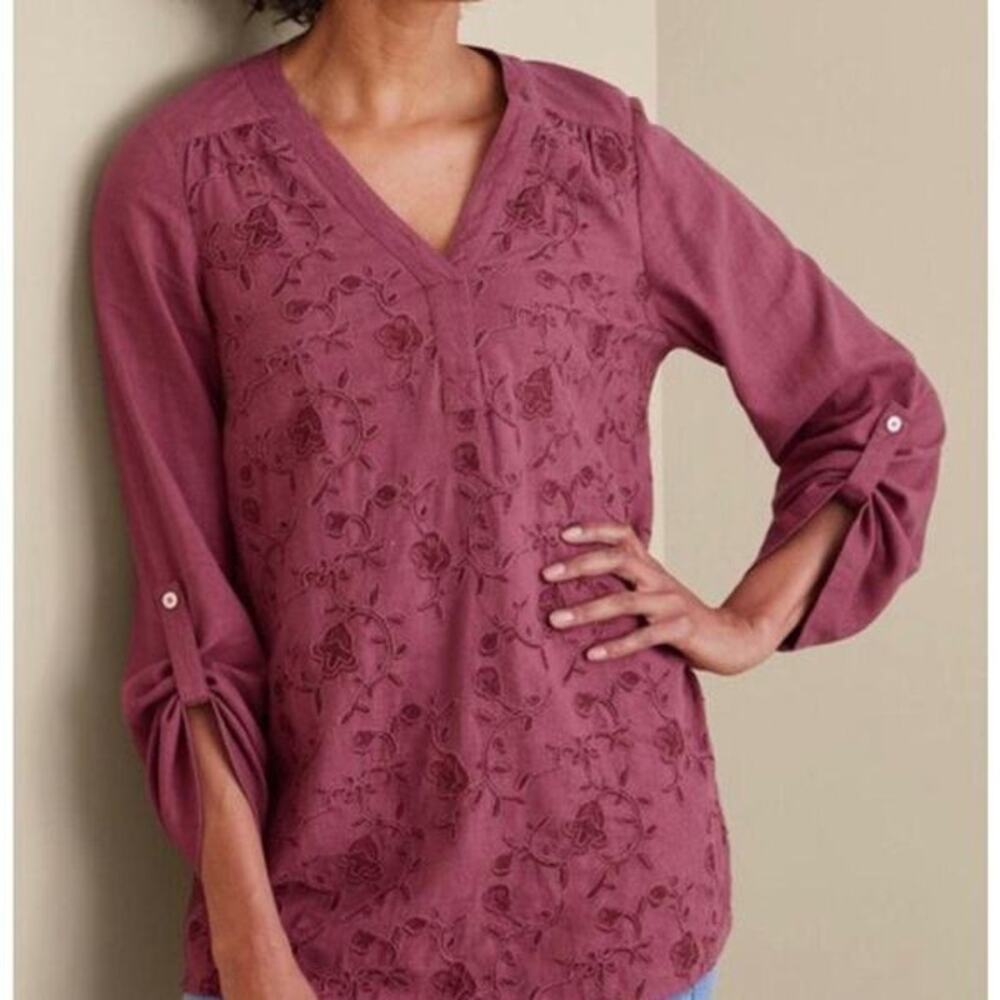 Soft Surroundings Womens Linen Blend Floral Embroidered Top Size Small Muted Red